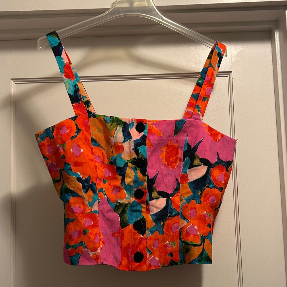 Mara Hoffman Bright Floral Button-Front Cropped Tank in Orange & Pink - 8, NWT